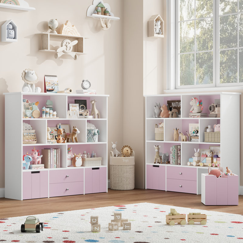 Kids Bookcase with 4 Removable Drawers, 4-Tier Cube Bookcsae, Storage Bookshelf
