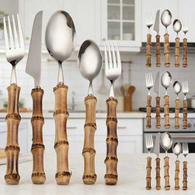 Premium Bamboo Handle Stainless Steel Flatware Set - Durable, Rust-Resistant, Dishwasher Safe Cutlery For Home, Parties, And Restaurants