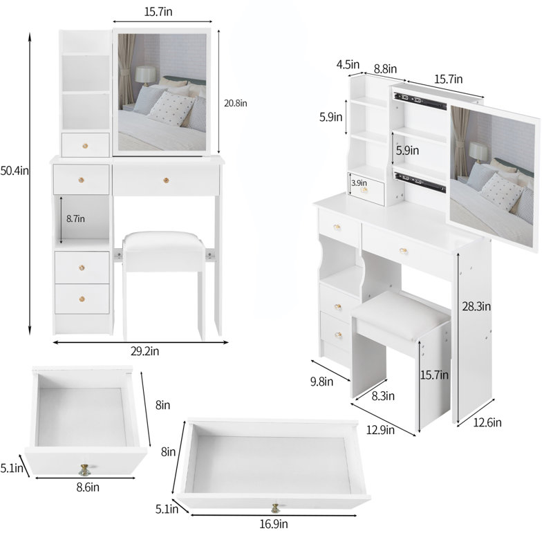 29.2" Vanity Table With Mirror And Storage For Small Space, White