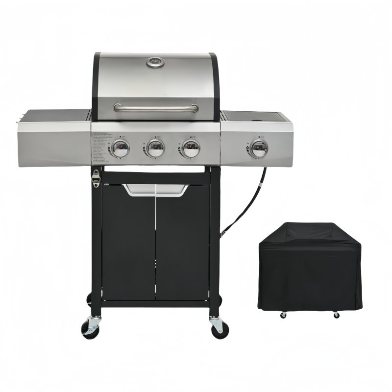 Barbecue au propane à 3 brûleurs avec brûleur latéral, couvercle, roues, Oui