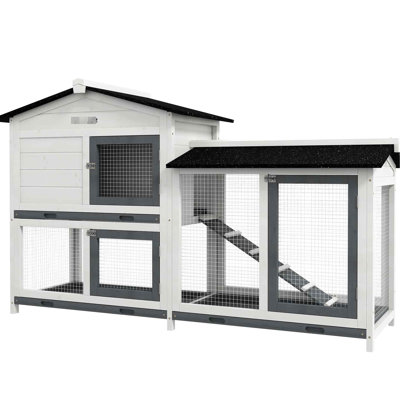62" Wooden , White, Large Run Space, Easy To Clean Tray, Lockable Doors, Asphalt Roofed Cage For Rabbits Rabbit Cage, Wooden, Spacious Removable