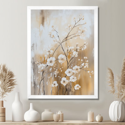 Cherry Branch in Stillness I - Beige Japandi Picture Framed Wall Art