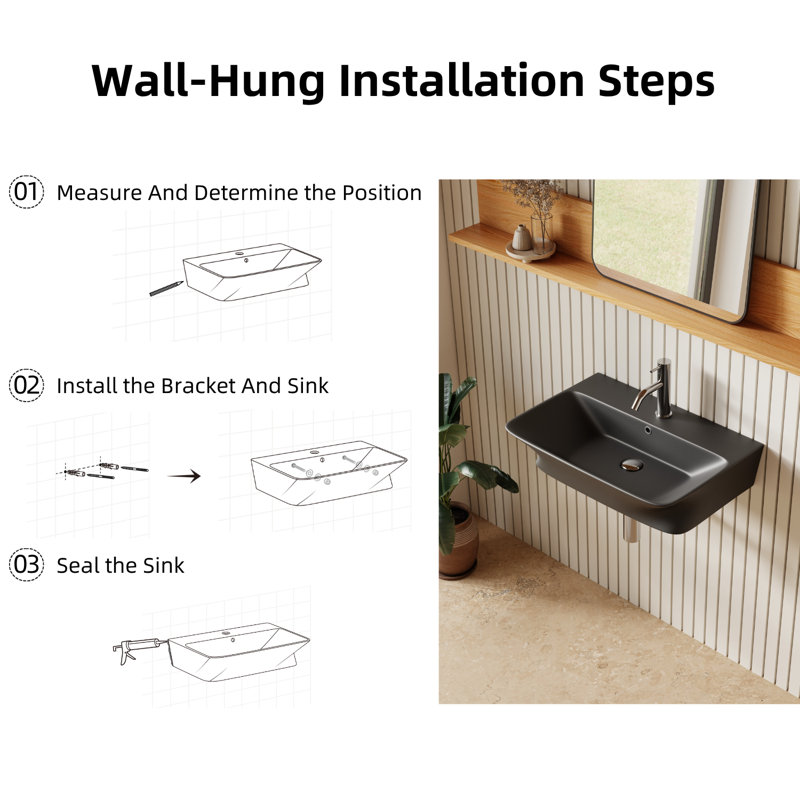 Los Flexi Rectangular Ceramic Wall Mount Sink with Overflow and Centerset Faucet Holes, Black, Single (1 Hole)