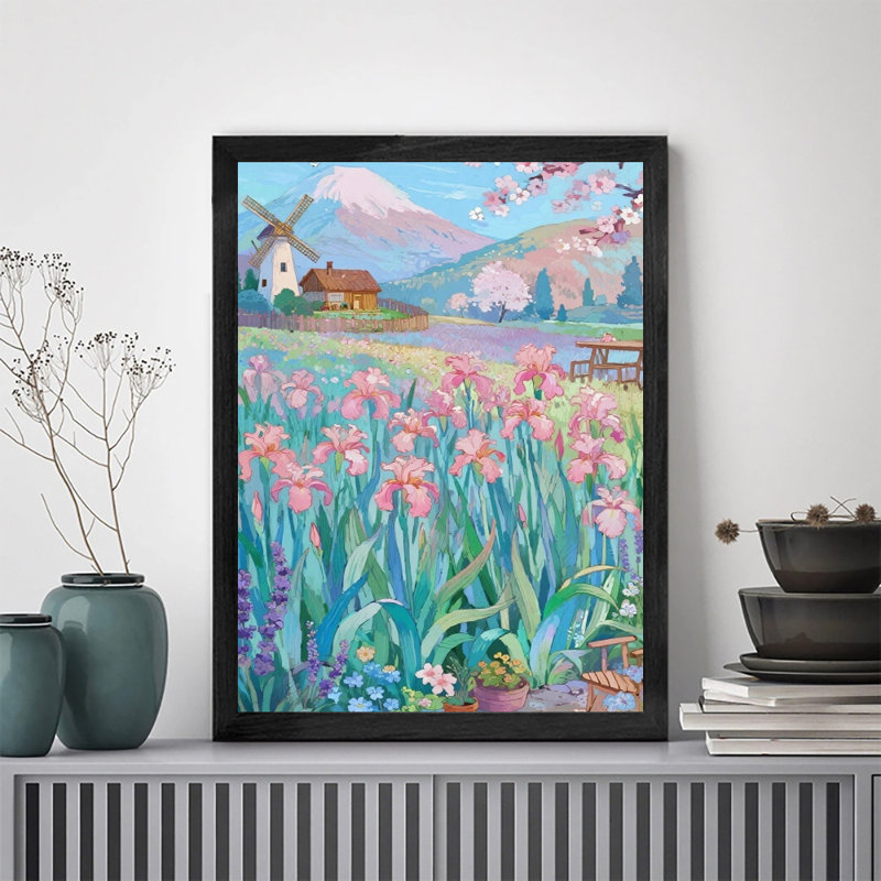 Art mural moderne moderne en bois noir avec fleurs de champ et moulin à vent prêt à accrocher, impression haute définition sur toile