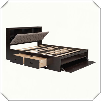 Wood Platform Bed Storage Headboard Shoe Rack 4 Drawers Functional,Queen