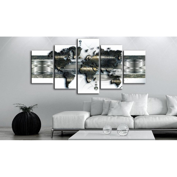 Metal World Map On Canvas 5 Pieces Print