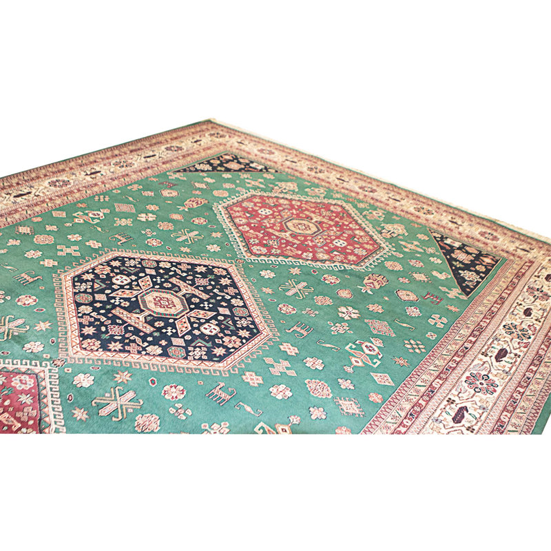 Hand Knotted Wool Area Rug in Green And Cream