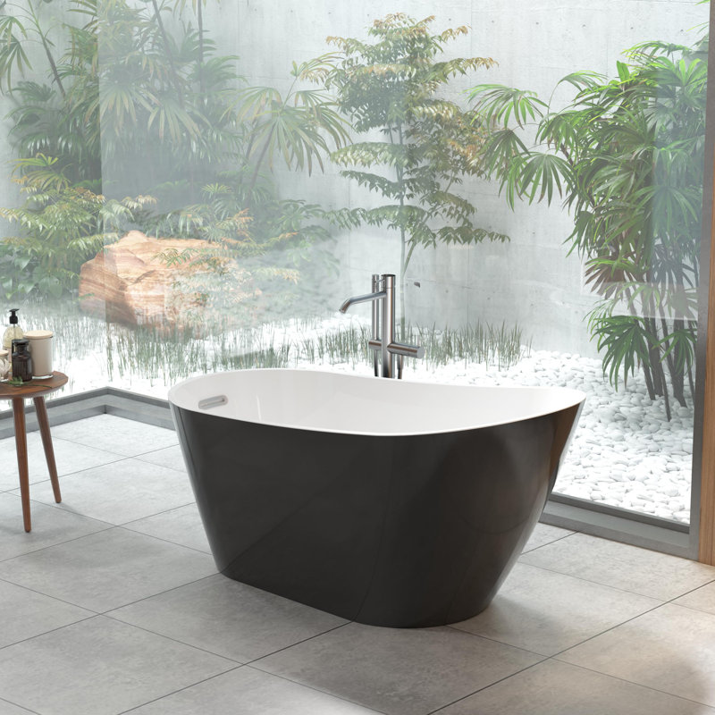 67" Freestanding Bathtub, Black Acrylic Streamline Stand Alone Soaking Bath Tubs For Adult With Overflow And Drain In Chrome