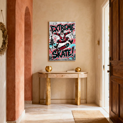 Ensemble de 1 tableau mural en toile imprimée « Santa Père Noël skateur extrême » (graffiti de Noël)