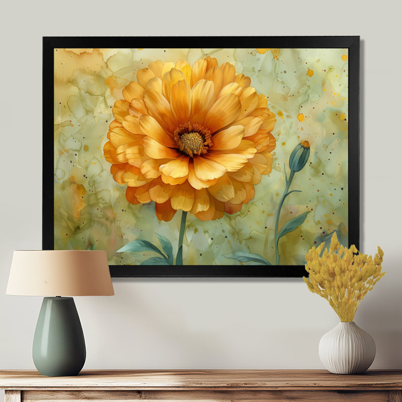 Jaune jaune vert fleuri souci - art mural souci, H 30 po x l 40 po, Cadre simple noir, bois massif