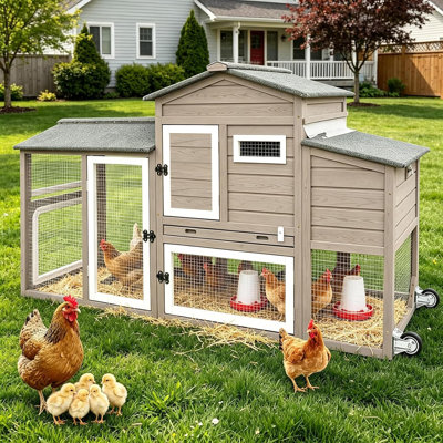 Mobile Chicken Coop with Run and Wheels, Wooden Outdoor Hen House with Nesting Box and Pull-Out Tray, Grey