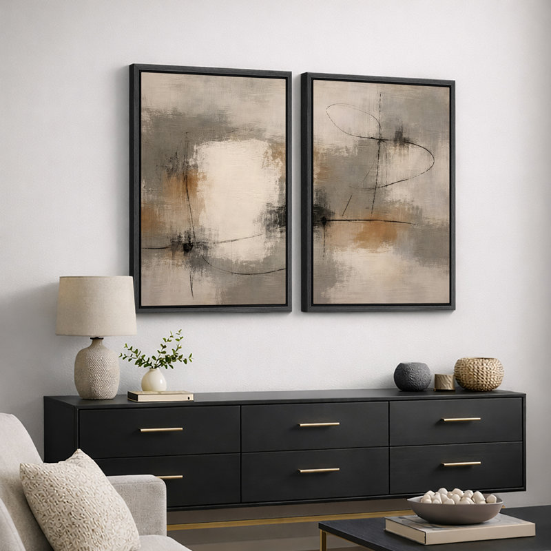 Œuvre abstraite douce et neutre avec accents linéaires noirs, images de salon, impression sur toile encadrée