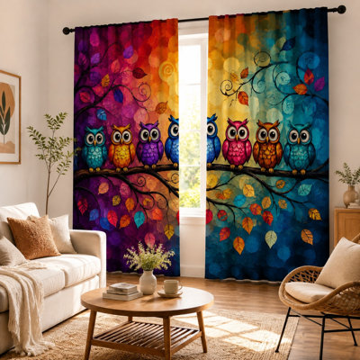 Lot de 2 rideaux à motif hibou aquarelle abstrait, rideaux bohèmes modernes et fantaisistes imprimés d'animaux de la forêt pour salon, chambre, cuisine et décoration intérieure