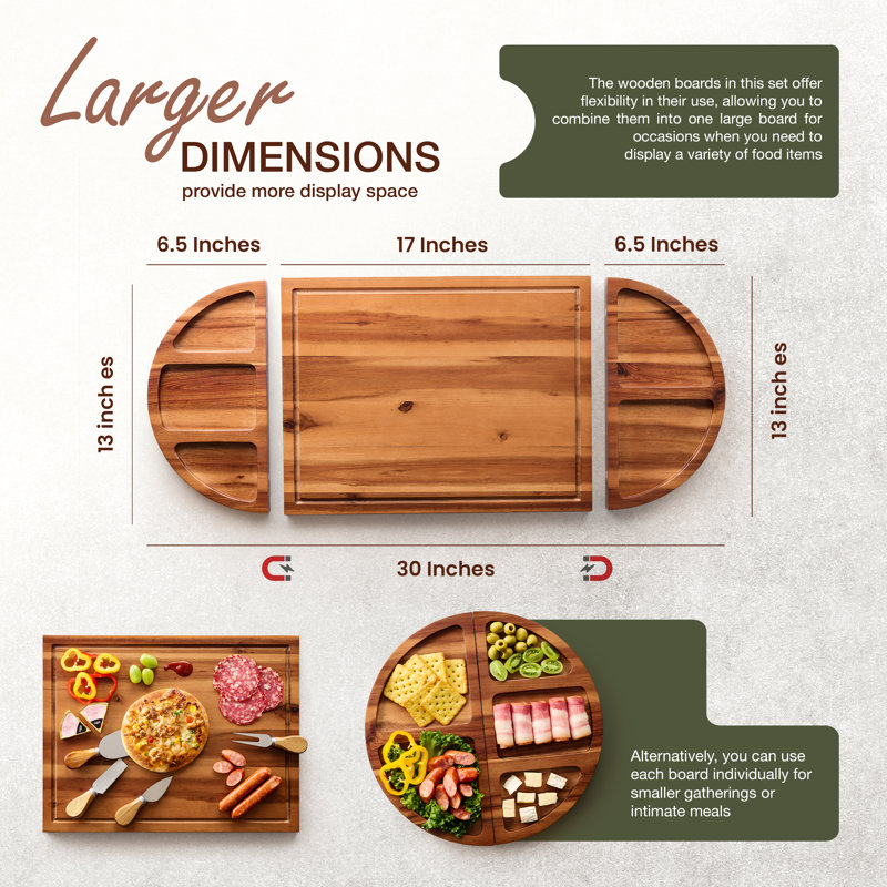 Ensemble de planches de charcuterie en acacia 30 po - 3 pièces magnétiques + 4 couteaux