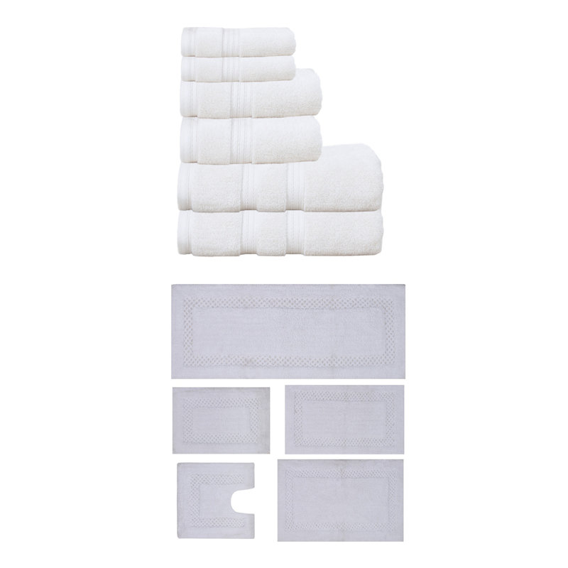 Bublitz Classy Bath Mat 100% Soft Cotton Bath Towel Set & Bath Rug Combo, White, 11 Piece Towel Set