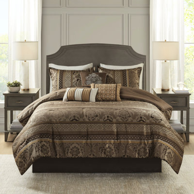 Édredon grand 7 pièces - brun / or, motifs précieux avec coussins décoratifs