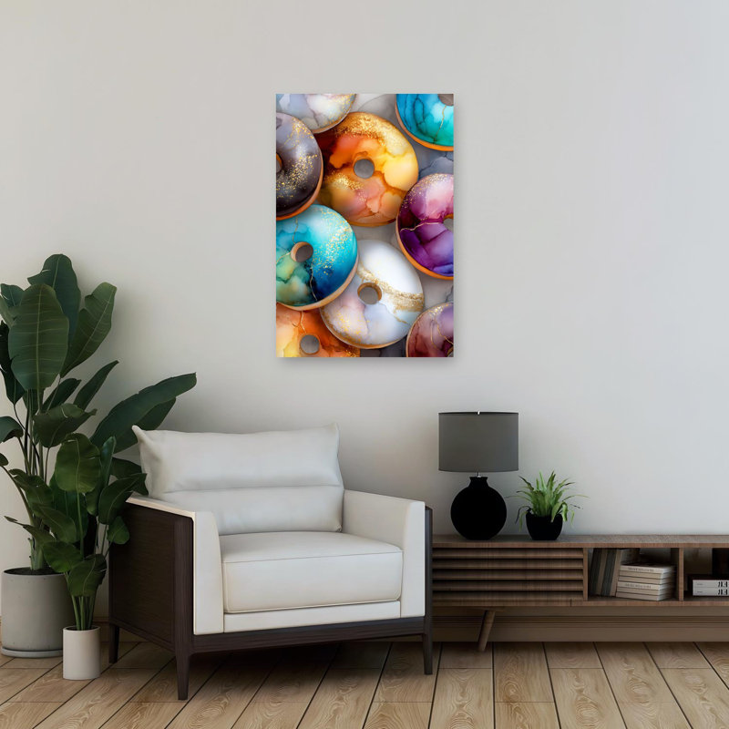 «Vibrant Golden Donuts», art mural contemporain abstrait coloré, H 36 po x l 24 po