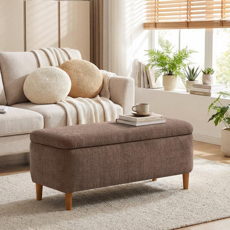 Polyester Upholstered Storage Bench, Brown