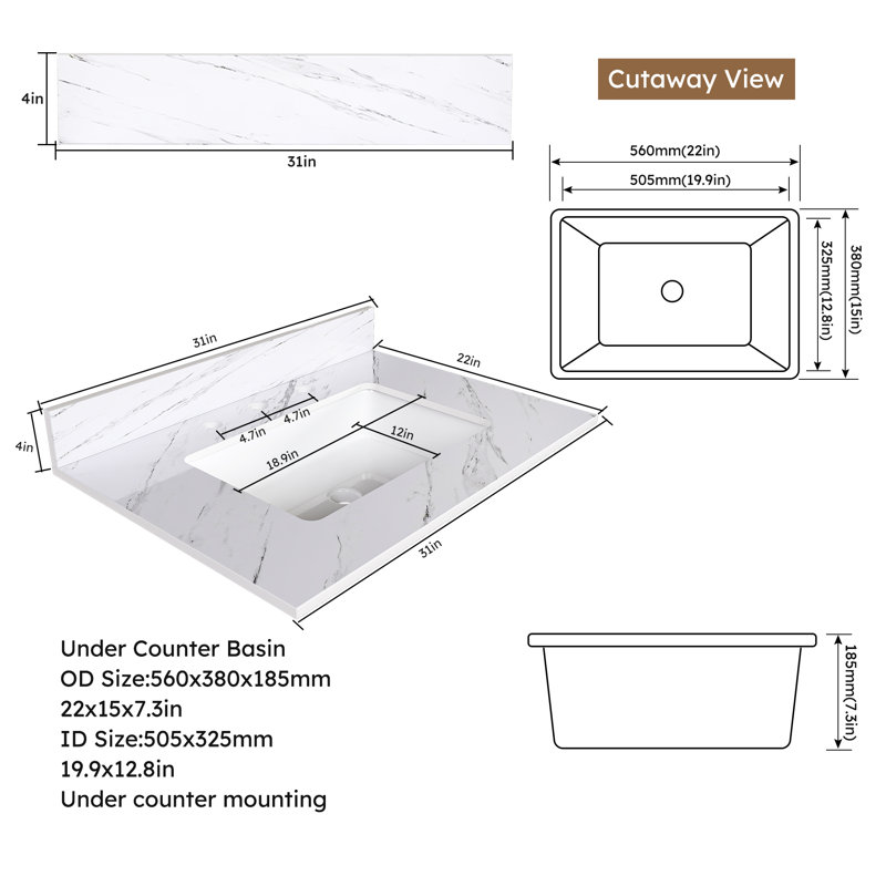 Comptoir de salle de bain 31 pouces à effet marbre blanc avec lavabo encastré rectangulaire, trous de robinet pré-percés et dosseret de 4 po de hauteur - comptoir en pierre frittée Bianco Carrara Venato