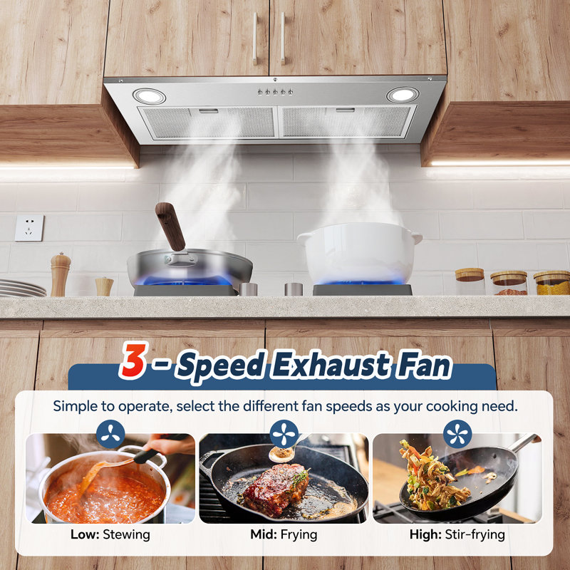 Hotte intégrée de 30 pouces, hotte de cuisine en acier inoxydable de 580 pi³ / min, commandes intégrées avec boutons avant et lumières à DEL avant, conduit convertible à conduit / sans conduit