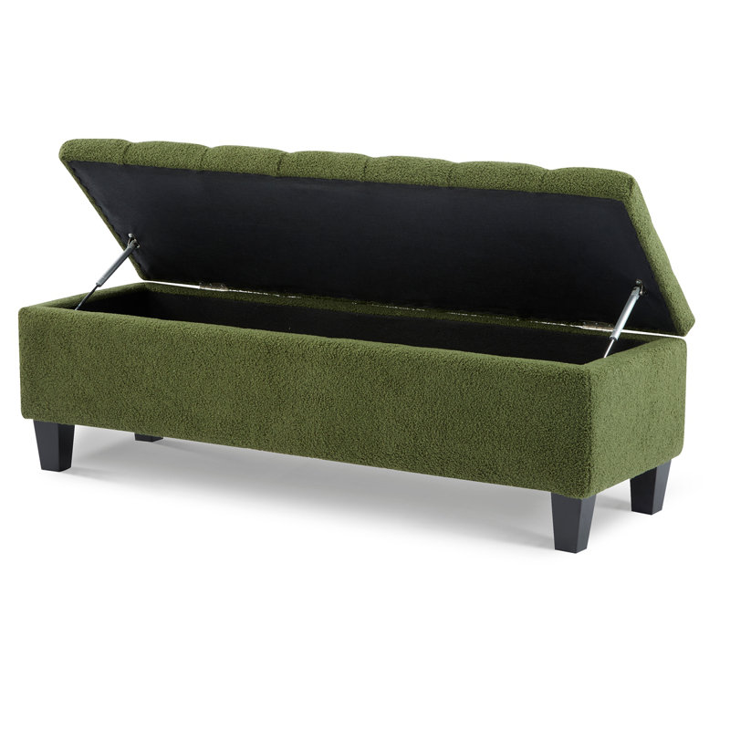 Banc repose-pieds avec rangement, surface bouclée, pieds en bois d'hévéa, capacité de 300 lb, Vert