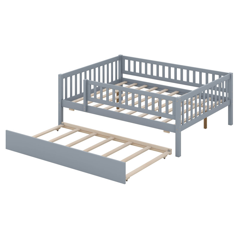 Full Size Daybed With Trundle, Wood Kids Platform Bed Frame With Fence Guardrails, No Box Spring Needed, Gray