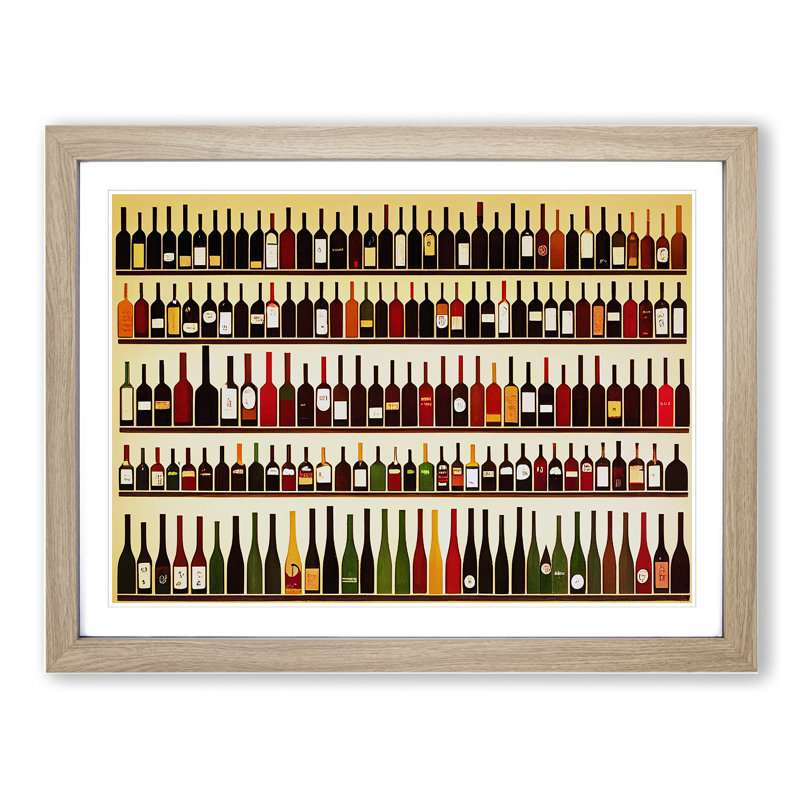 Wine Bottle Art Retro Vol.1 - Framed Print, 25cm H x 34cm W x 2cm D, Oak