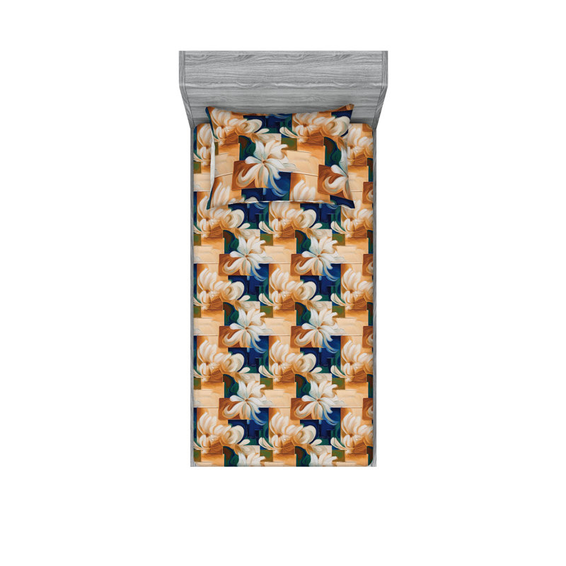 Drap-housse et taies décoratives 3 pièces Ambesonne, Pêche, ambre, bleu sarcelle / floral