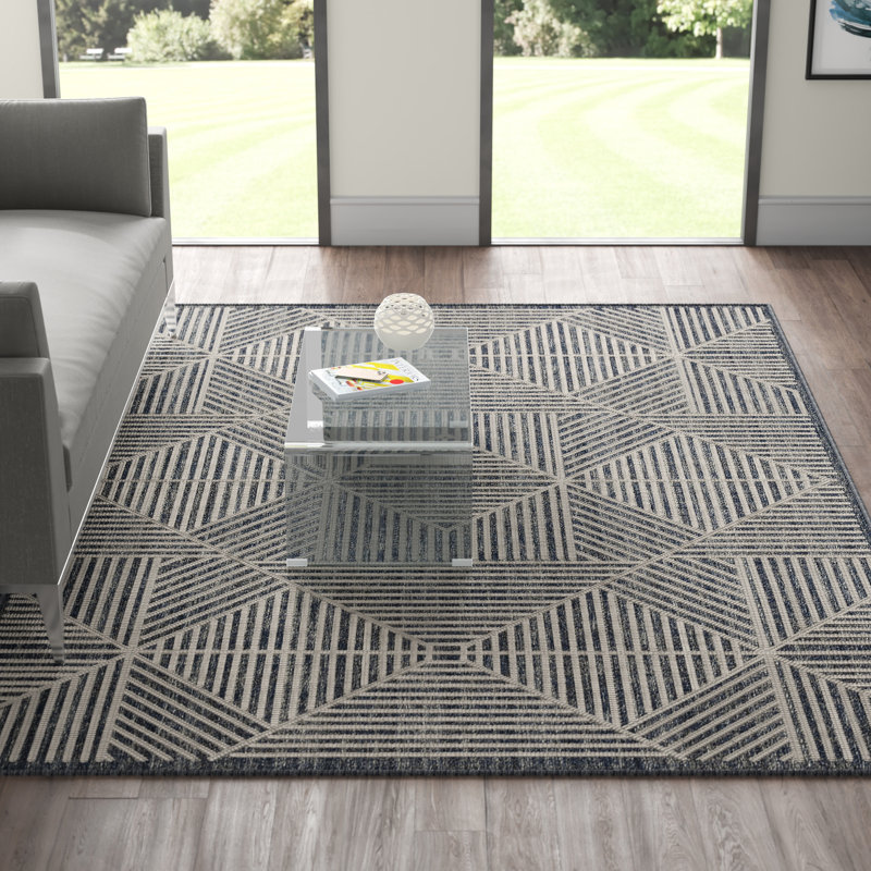 Handmade Denim & Ivory Geometric Outdoor Rug - 27" x 91"