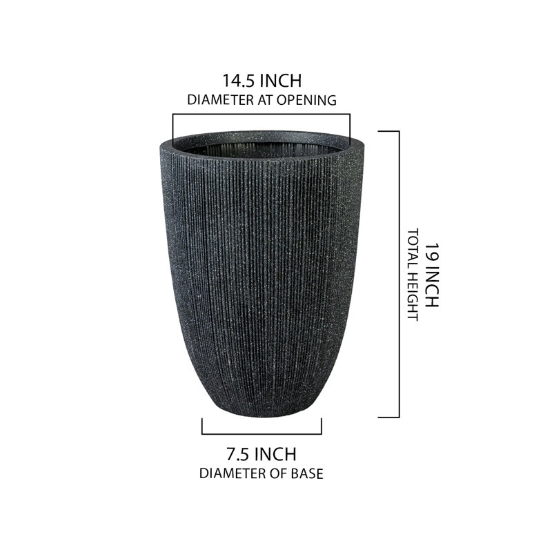  Grand pot de fleurs noir nervuré, pot d'intérieur avec finition texturée, aspect pierre de PVC léger pour décoration moderne de maison et de bureau, diamètre de 14,5 po et hauteur de 19 po