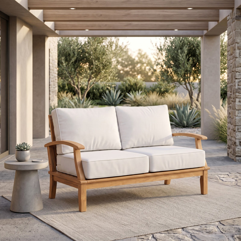 Galvan 56.94 " W L-Shaped Teak Solid Wood Patio Sofa with Cushions, White