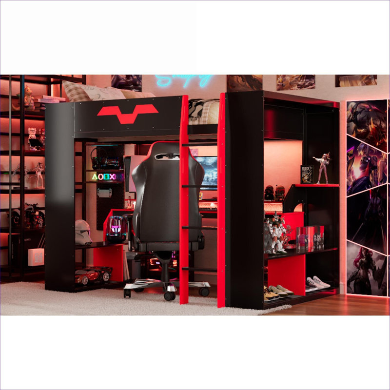 Structure de lit mezzanine moderne High-Tech avec lumières RVB intégrées et ports de charge, bois massif rouge riche