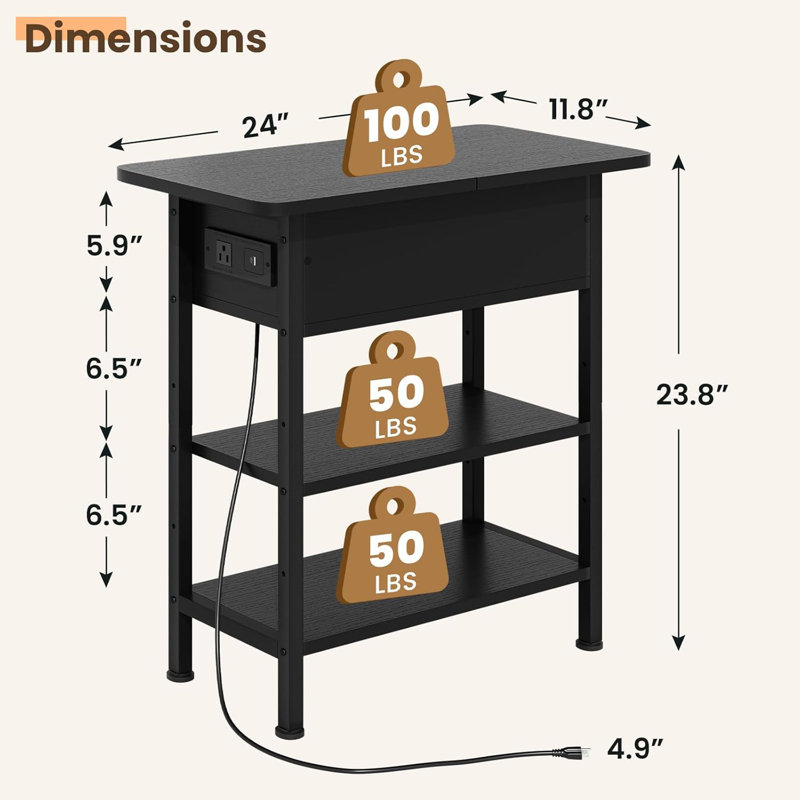 Flip Top Side Table With Charging Station, 3-Tier End Table With USB Ports And AC Outlet, Multi-Functional Small Side Table With Storage For Living Room And Bedroom