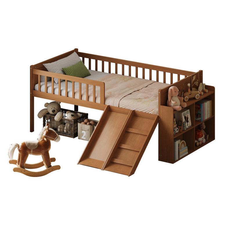 Structure de lit simple avec glissade et tablette de rangement - Lit mezzanine en bois pour enfants avec échelle et garde-corps, lit plateforme en noyer clair pour garçons et filles