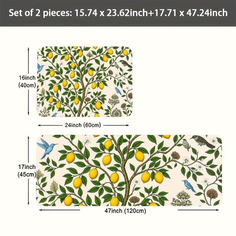 Ensemble de 2 tapis de sol en flanelle vintage à motif citronnier et oiseaux