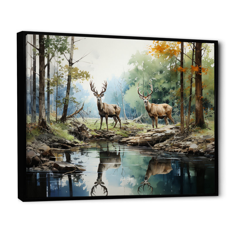 «Deer Majestic Reflections - Deer», reproduction d'art sur toile encadrée, Cadre flottant noir, H 30 po x l 40 po x P 1,5 po