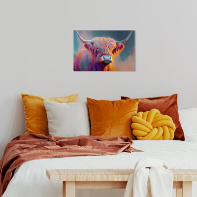 «Labadi Animals Highland Cow Bloom», reproduction d'art sur toile jaune rustique