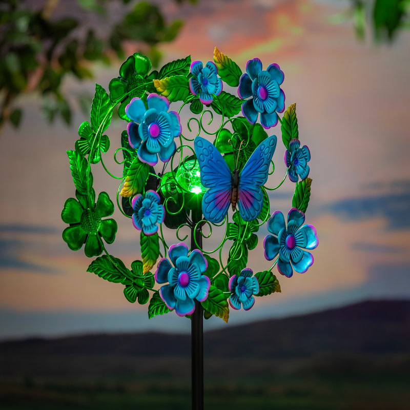 Rouleau de vent en métal bleu solaire et papillon, 74 po