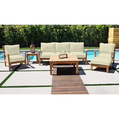 Huntington 6 Piece Teak Sofa Seating Group with Sunbrella Cushions -  Willow Creek Designs, HUN-DS6-2CLB1RT1LT1ARM1OTTO36SQ1END-5404