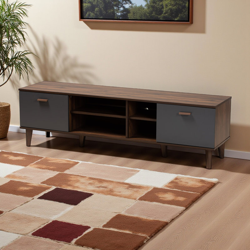 Nora Finished Walnut Brown and Gray Wood TV Stand, 62.87'' W X 15.5'' D X 18.38'' H