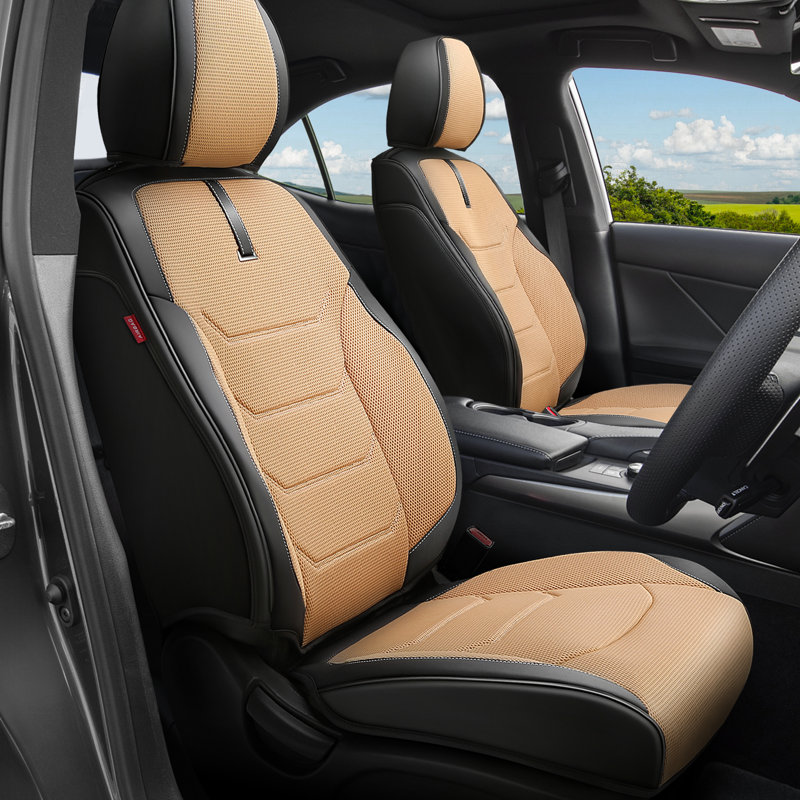 Sport Series Front Seat Covers With Airbag Compatible, Reserved Opening Holes For Headrest, Universal For Cars, Black/Tan