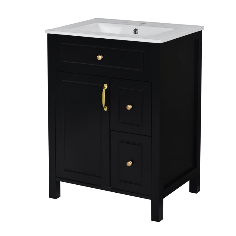 Meuble-lavabo de salle de bain avec lavabo en céramique, 1 porte à fermeture douce, 2 tiroirs à fermeture douce, 24 pouces