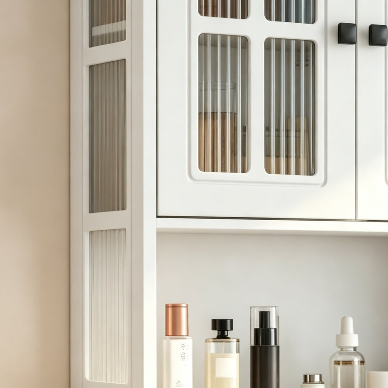 Bathroom Wall Cabinet, 3-Door Wooden Wall Cabinet With Open And Hidden Storage Space, Medicine Cabinet With Glass Door And Towel Bar