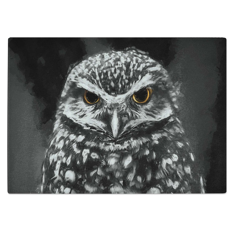 Glass Little Owl in Abstract Chopping Board, 39 cm W x 28.5 cm L