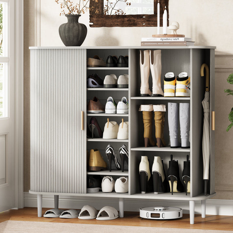 30 Pair Shoe Storage Cabinet,47.24 Inch 6-Tier Shoe Cabinet with Adjustable Shelves & Sliding Doors, Mid-Century Modern Freestanding Shoe Storage Organizer for Entryway, Hallway, Living Room