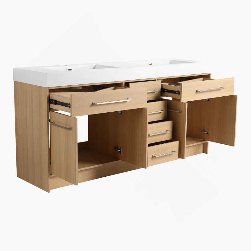 Meuble-lavabo autoportant de 72 po avec double lavabo en résine, 4 portes à fermeture douce et 6 tiroirs à fermeture douce, chêne original, contreplaqué (KD-PACKING)