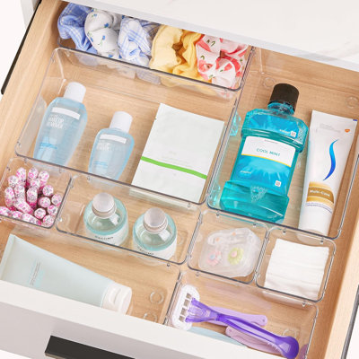 25 PCS Clear Plastic Drawer Organizers Set, Versatile Bathroom and Vanity Drawer Organizer Trays 4-Size Storage Bins for Makeup