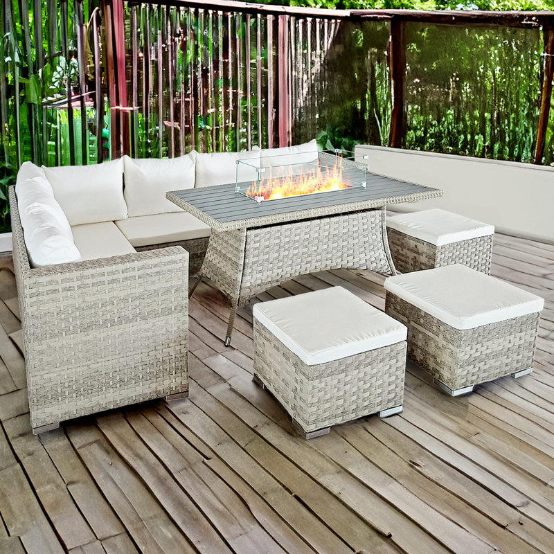 Oseasons® Chaunci Rattan 9 Seat Corner Firepit Set in Dove Grey