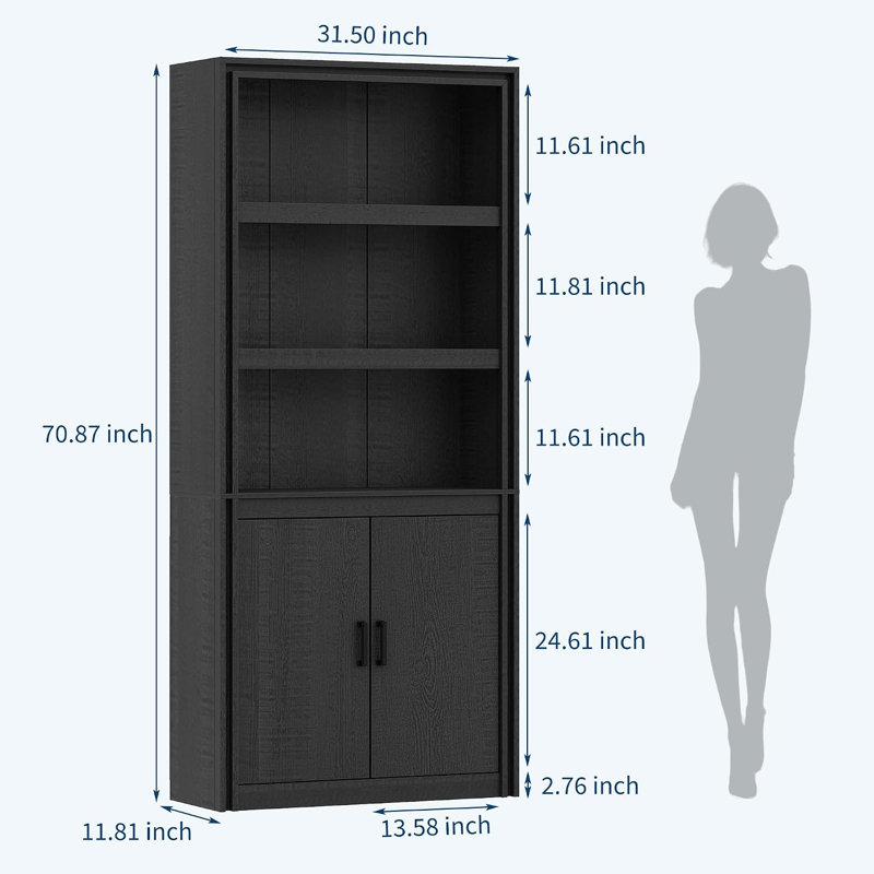Bibliothèque de style champêtre avec portes, étagère de rangement de 180 cm de hauteur et 30 cm de profondeur, style industriel, en bois, à 5 étagères, idéale pour une chambre, un salon ou un bureau.