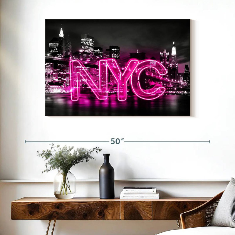 Sirci néon de New York, rose sur fond noir, H 26 po x l 39 po